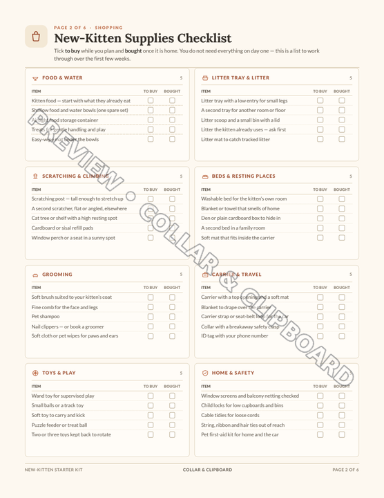 New-Kitten Supplies Checklist page listing food and water, litter tray and litter, scratching and climbing, beds, grooming, carrier and travel, toys and home safety, each with to-buy and bought checkboxes