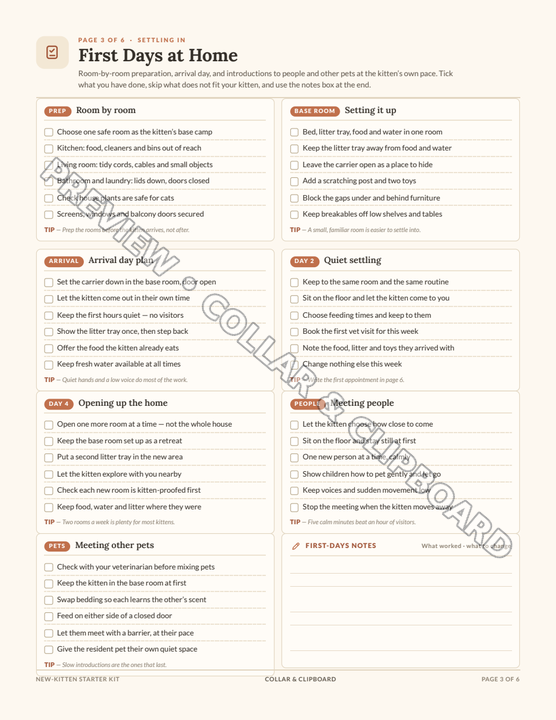 First Days at Home page with tick boxes for room-by-room preparation, base room setup, arrival day, quiet settling, opening up the home, meeting people and meeting other pets
