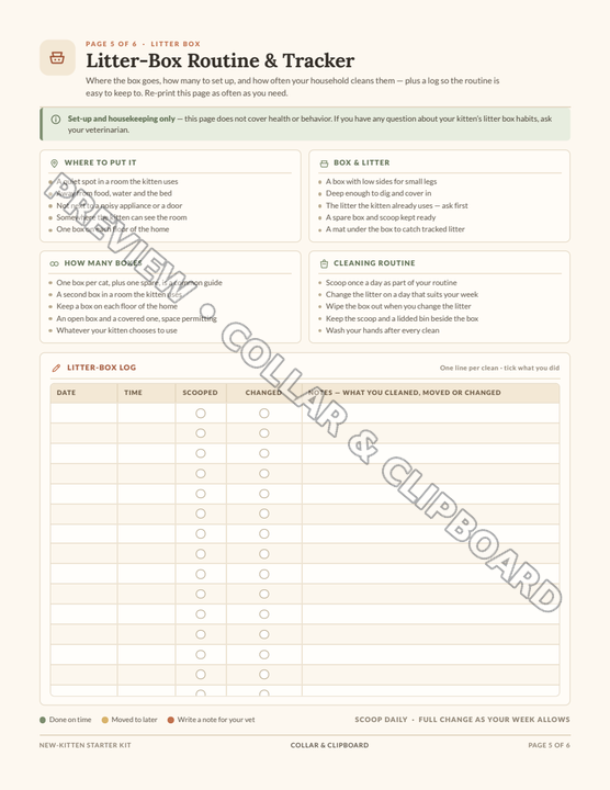 Litter-Box Routine & Tracker page with where to put the box, box and litter guidance, how many boxes, a cleaning routine and a fill-in litter-box log