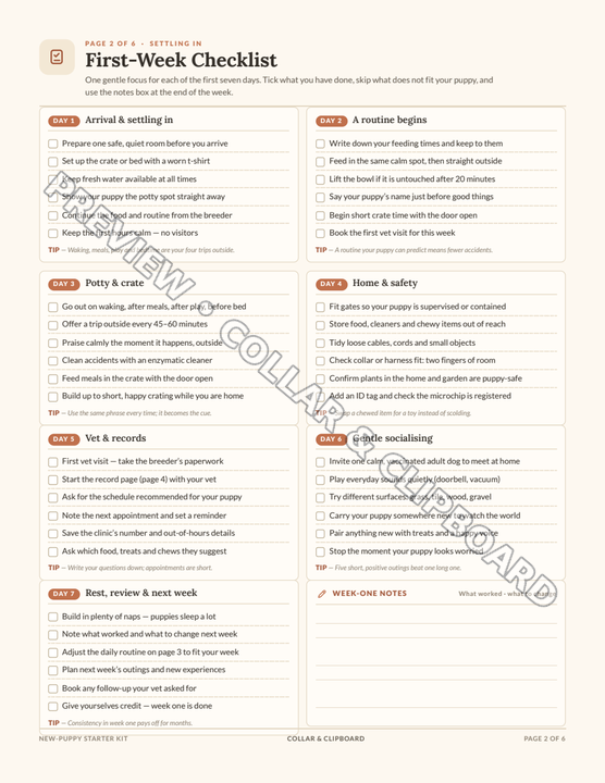 First-Week Checklist page with tick boxes for the puppy's first days at home