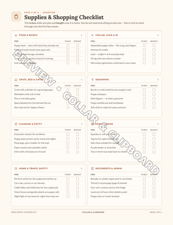 Supplies and shopping checklist page for puppy essentials