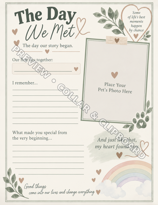 Our first day together page with prompts for the day your story began and what made your pet special from the very beginning, with a space to place a pet's photo