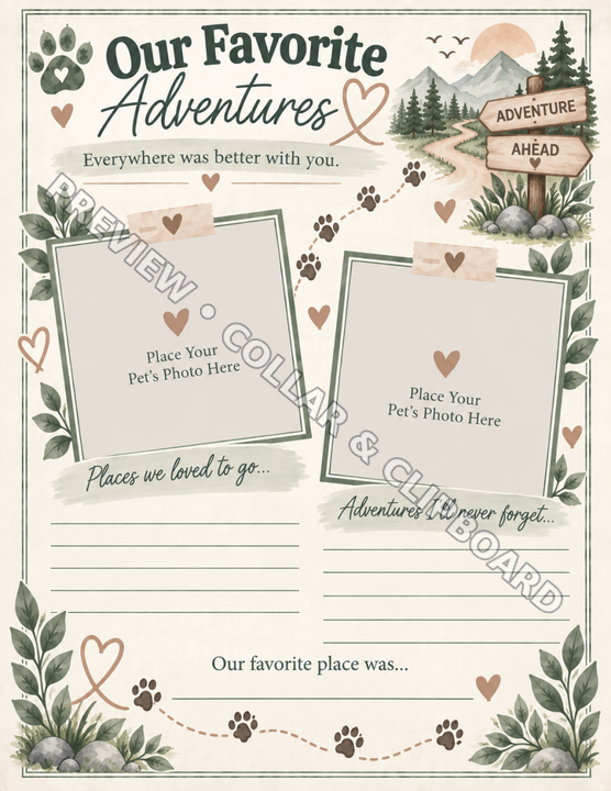 Our favourite place page with prompts for the places you loved to go together, with a space to place a pet's photo