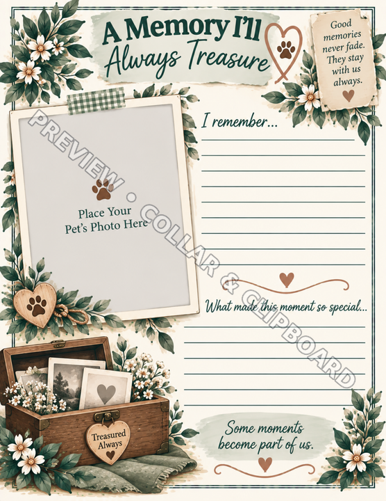 Good memories page with the words good memories never fade, they stay with us always, with a space to place a pet's photo