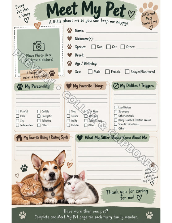 Meet My Pet page: photo space, name, species, breed, age, personality, favorite things and dislikes