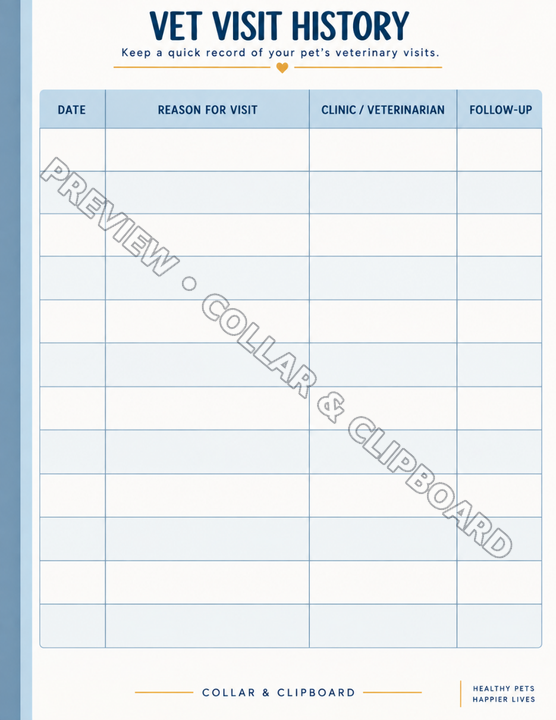 Vet Visit History page: a table with columns for the date, reason for visit, clinic or veterinarian and follow-up
