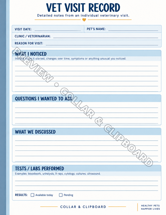 Vet Visit Record page for detailed notes from an individual veterinary visit: visit date, pet's name, clinic or veterinarian and reason for visit, then fill-in sections for What I Noticed, Questions I Wanted to Ask, What We Discussed and Tests/Labs Performed with Available today and Pending checkboxes