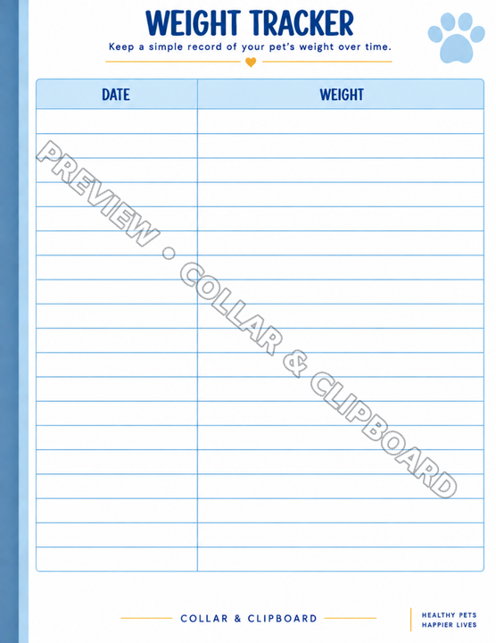 Weight Tracker page: a table with date and weight columns for recording your pet's weight over time, with a paw-print motif in the top corner
