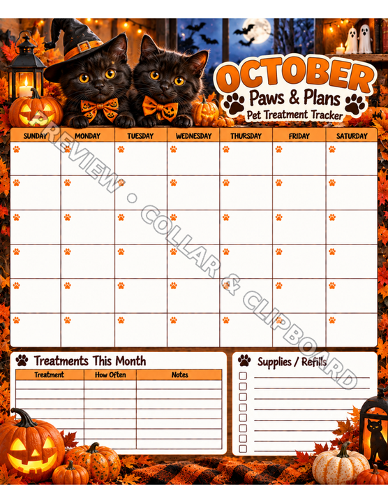 October page of the Paws & Plans pet treatment tracker — the undated Sunday–Saturday calendar with 42 blank day boxes above a Treatments This Month section and a Supplies / Refills checklist, on autumn artwork with carved pumpkins, black cats and bats
