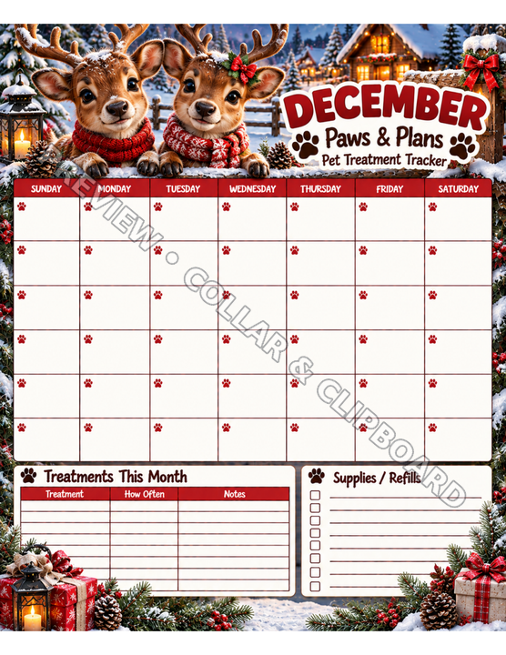 December page of the Paws & Plans pet treatment tracker — the same undated Sunday–Saturday calendar with 42 blank day boxes, Treatments This Month section and Supplies / Refills checklist, on festive winter artwork with reindeer, a decorated tree and a gingerbread house