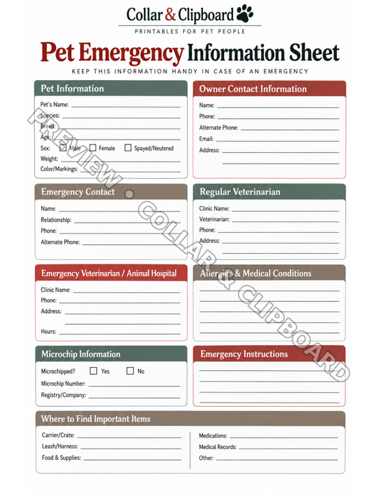 Pet Emergency Information Sheet form with fill-in lines and checkboxes for pet information (name, species, breed, age, sex, weight, color and markings) and owner contact information, emergency contact, regular veterinarian, emergency veterinarian or animal hospital, allergies and medical conditions, microchip information, emergency instructions and where to find important items such as the carrier, leash and harness, food, medications and medical records