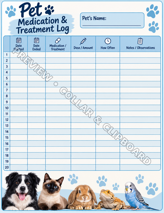 Medication & Treatment Log page with a line for your pet's name and a fill-in table for the date started, date ended, medication or treatment, dose or amount, how often and notes