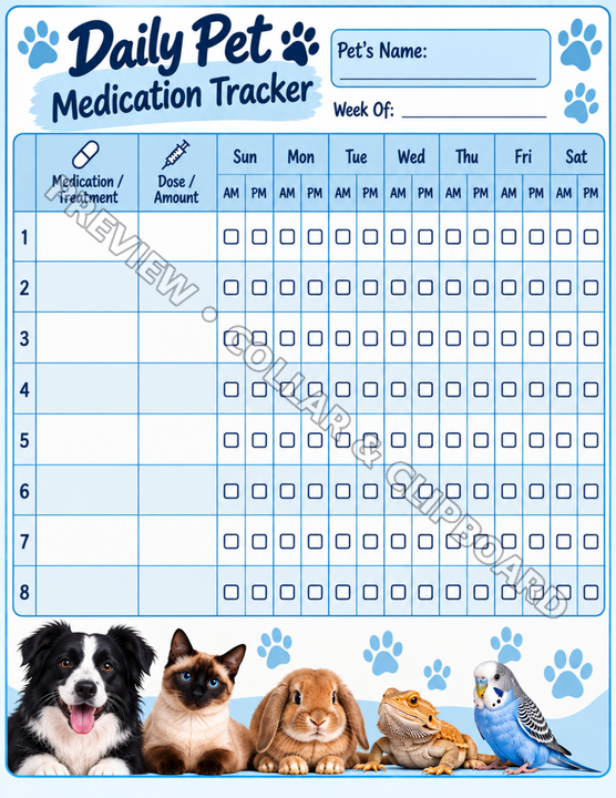 Weekly AM/PM Medication Tracker page headed Week Of, with Sunday-to-Saturday columns and AM and PM checkboxes beside each medication