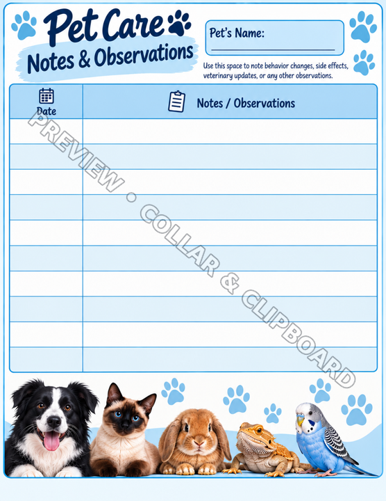 Notes & Observations page with dated writing space to note behavior changes, side effects, veterinary updates and other observations