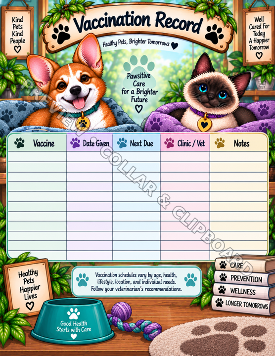 Vaccination Record page with a fill-in table for vaccine, date given, next due, clinic or vet and notes, illustrated with a corgi puppy and a Siamese kitten and a note to follow your veterinarian's vaccination recommendations