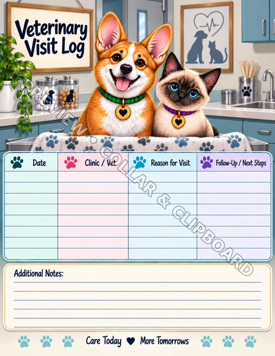 Veterinary Visit Log page with a fill-in table for date, clinic or vet, reason for visit and follow-up or next steps, plus an additional notes area, illustrated with a corgi puppy and a Siamese kitten in a veterinary clinic