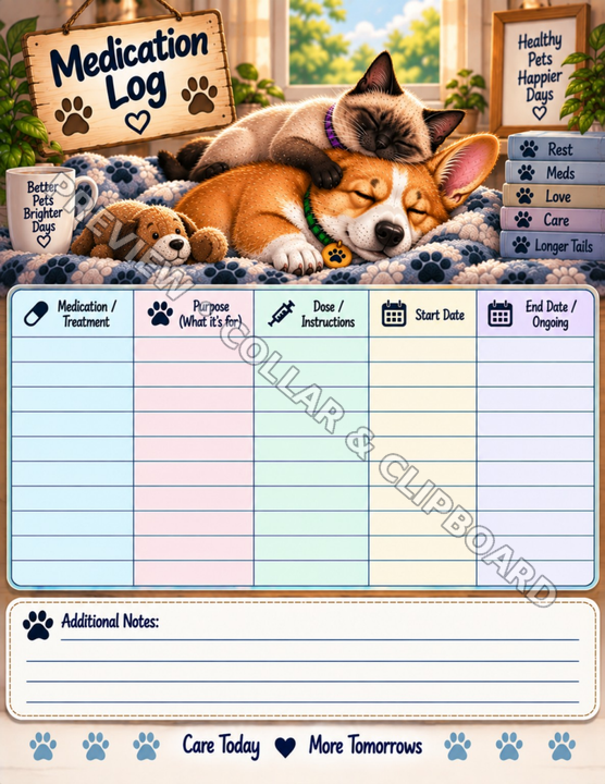 Medication Log page with a fill-in table for medication or treatment, purpose, dose or instructions, start date and end date or ongoing, plus an additional notes area, illustrated with a sleeping corgi puppy and Siamese kitten